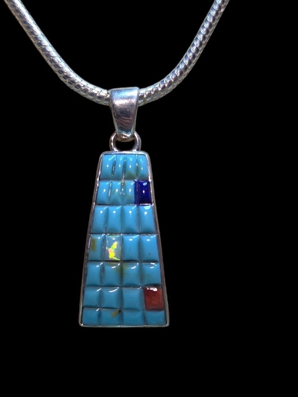 Sterling Silver Turquoise Lapis Coral Inlay Pendant Necklace